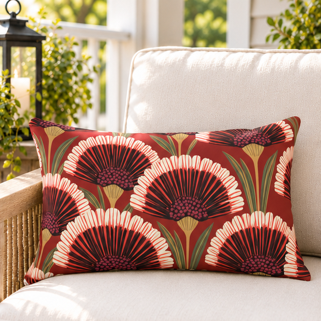 Red art deco fan flower outdoor lumbar pillow styled on patio furniture