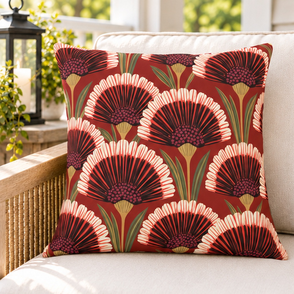 Red art deco fan flower outdoor pillow styled on patio furniture