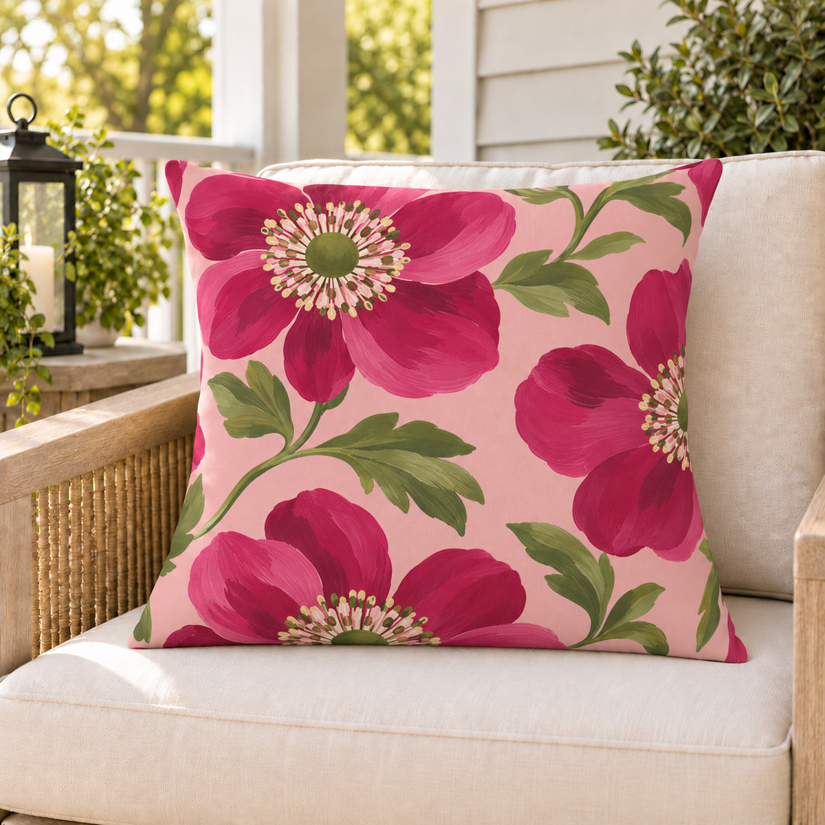 Pink anemone floral outdoor pillow styled on patio furniture