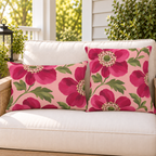 Pink anemone floral outdoor pillow and outdoor lumbar pillow styled together as a set