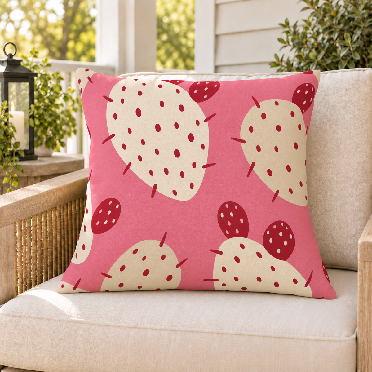 Pink prickly pear cactus outdoor pillow styled on patio furniture