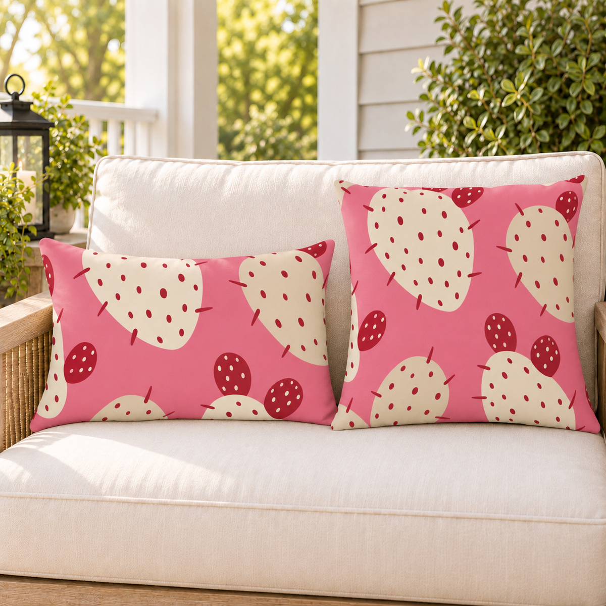 Pink prickly pear cactus outdoor pillow styled with matching pillows as a set