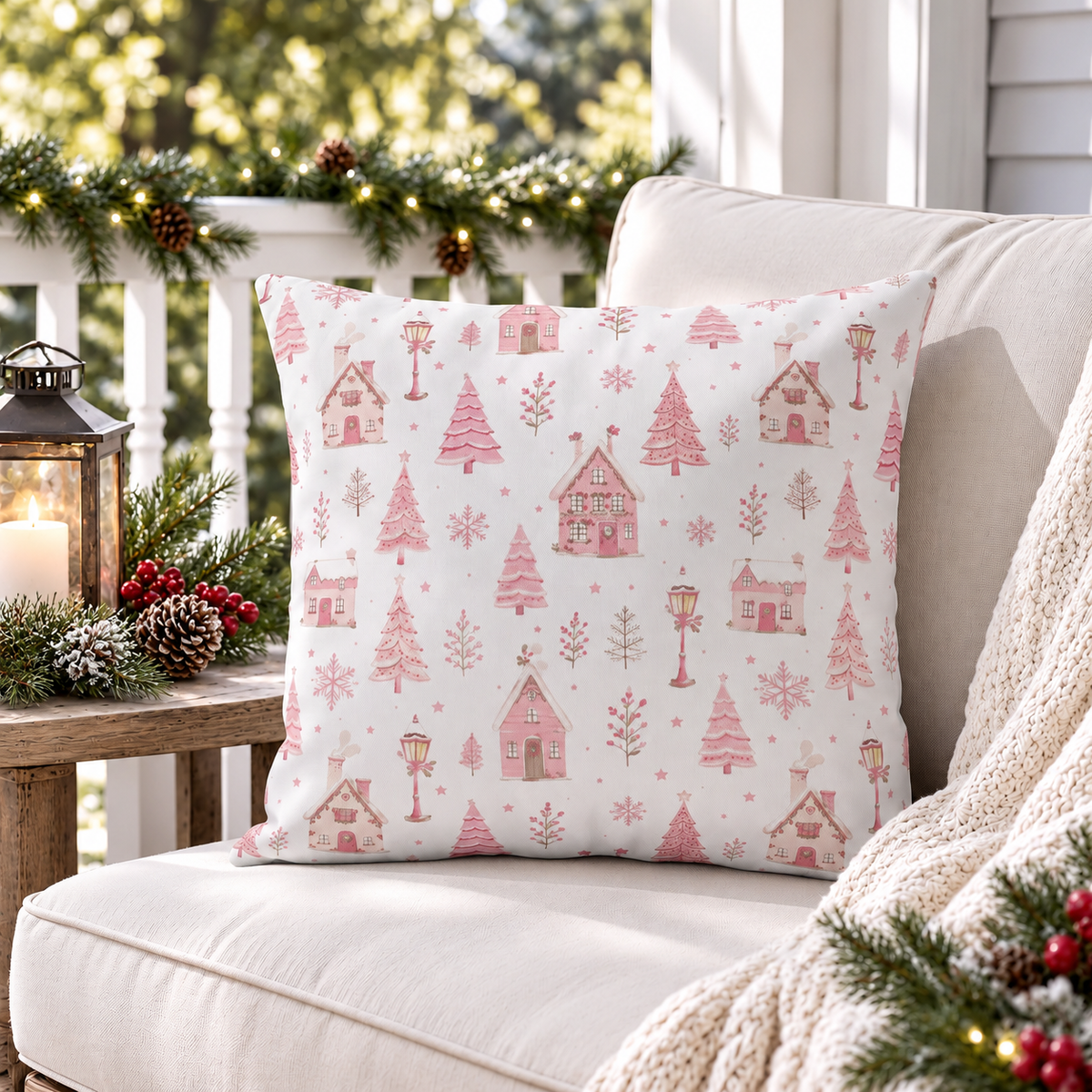 Christmas Village Pink Outdoor Pillow