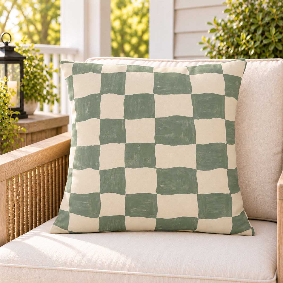 Sage green painted checkerboard outdoor pillow styled on patio furniture