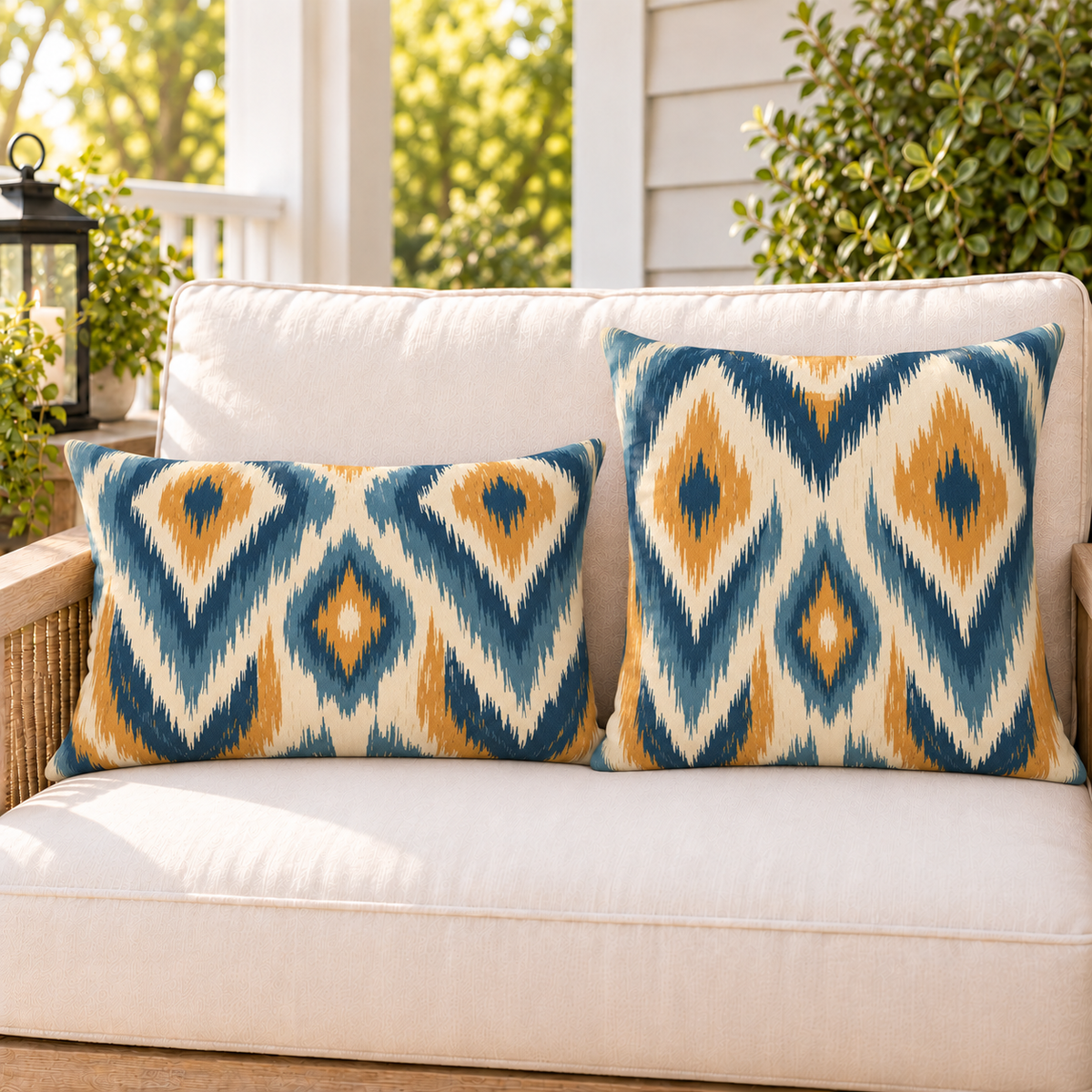 Blue and mustard ikat outdoor pillow and outdoor lumbar pillow styled together as a set
