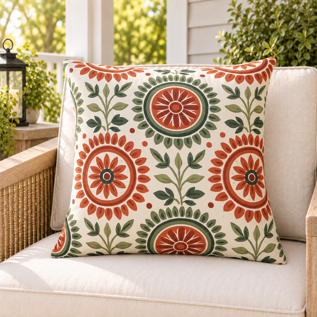 Terracotta and sage folk medallion outdoor pillow styled on patio furniture