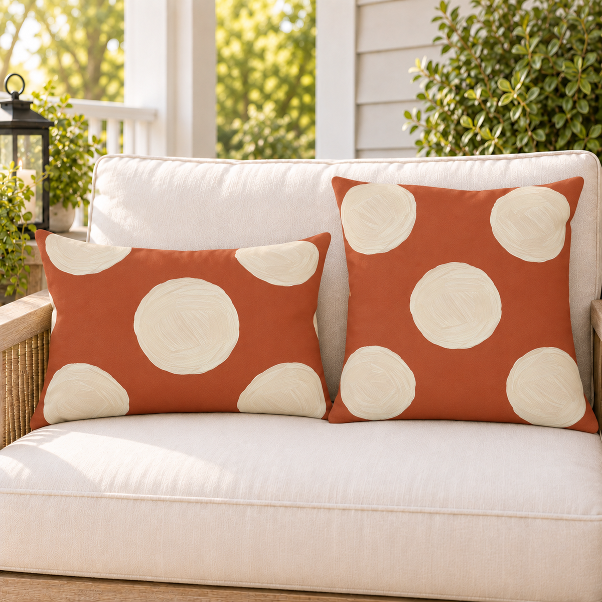 Terracotta and cream polka dot outdoor pillow and outdoor lumbar pillow styled together as a set