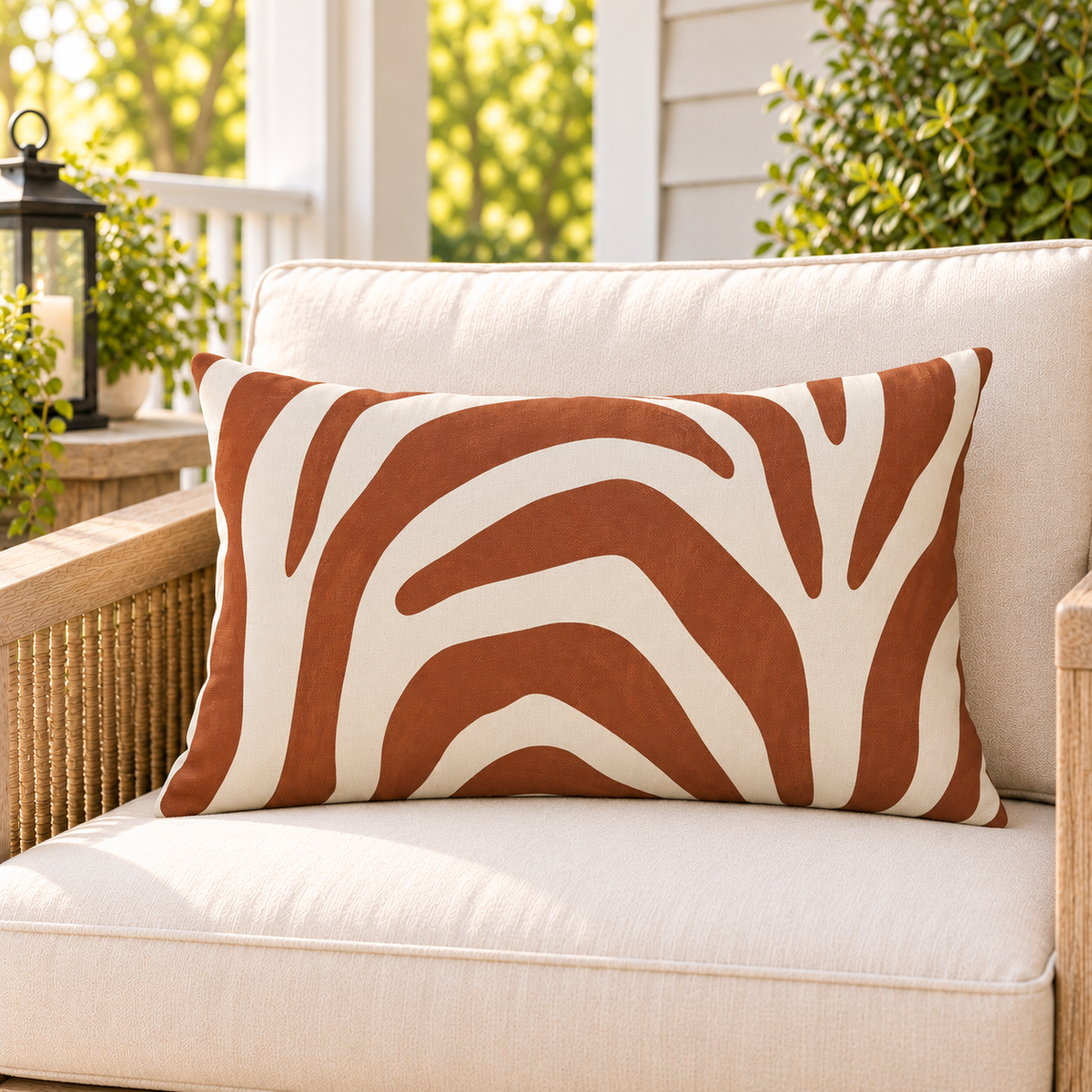 Rust zebra stripe outdoor lumbar pillow styled on patio furniture