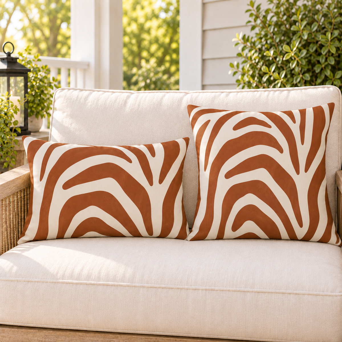 Rust zebra stripe outdoor lumbar pillow styled with matching pillows as a set