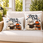 Boo-k Club ghost Halloween outdoor pillow and outdoor lumbar pillow styled together as a set