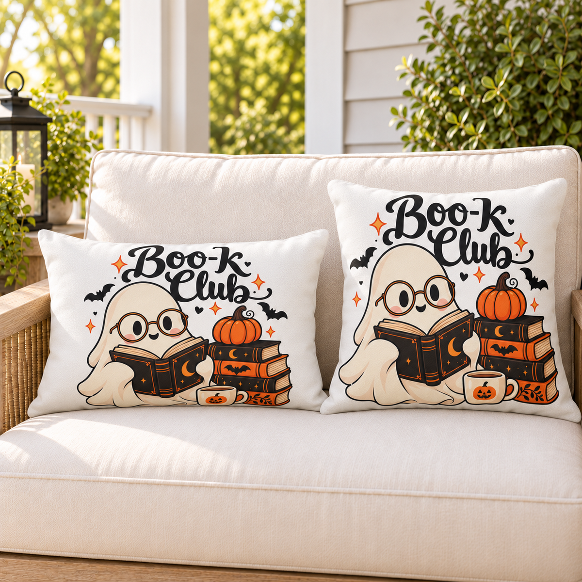 Boo-k Club ghost Halloween outdoor pillow and outdoor lumbar pillow styled together as a set