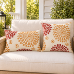 Rust and orange block print mum fall outdoor pillow and outdoor lumbar pillow styled together as a set