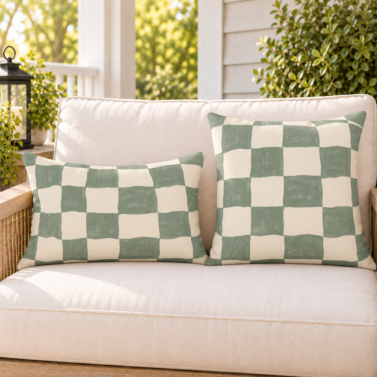 Sage green painted checkerboard outdoor pillow and outdoor lumbar pillow styled together as a set