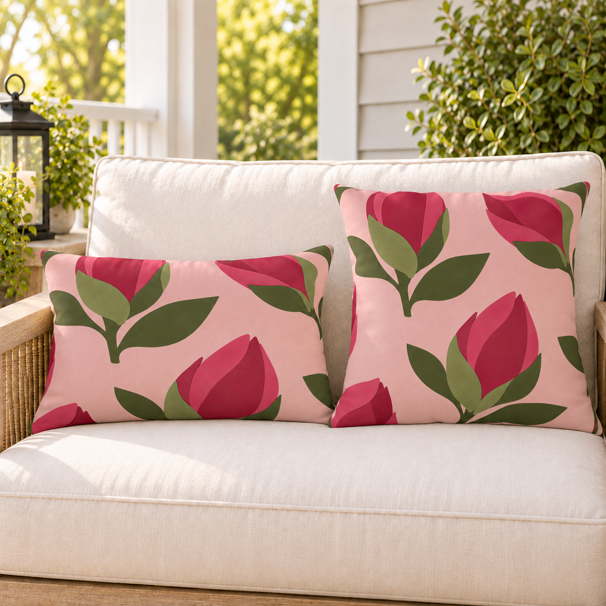Pink flower bud floral outdoor pillow and outdoor lumbar pillow styled together as a set