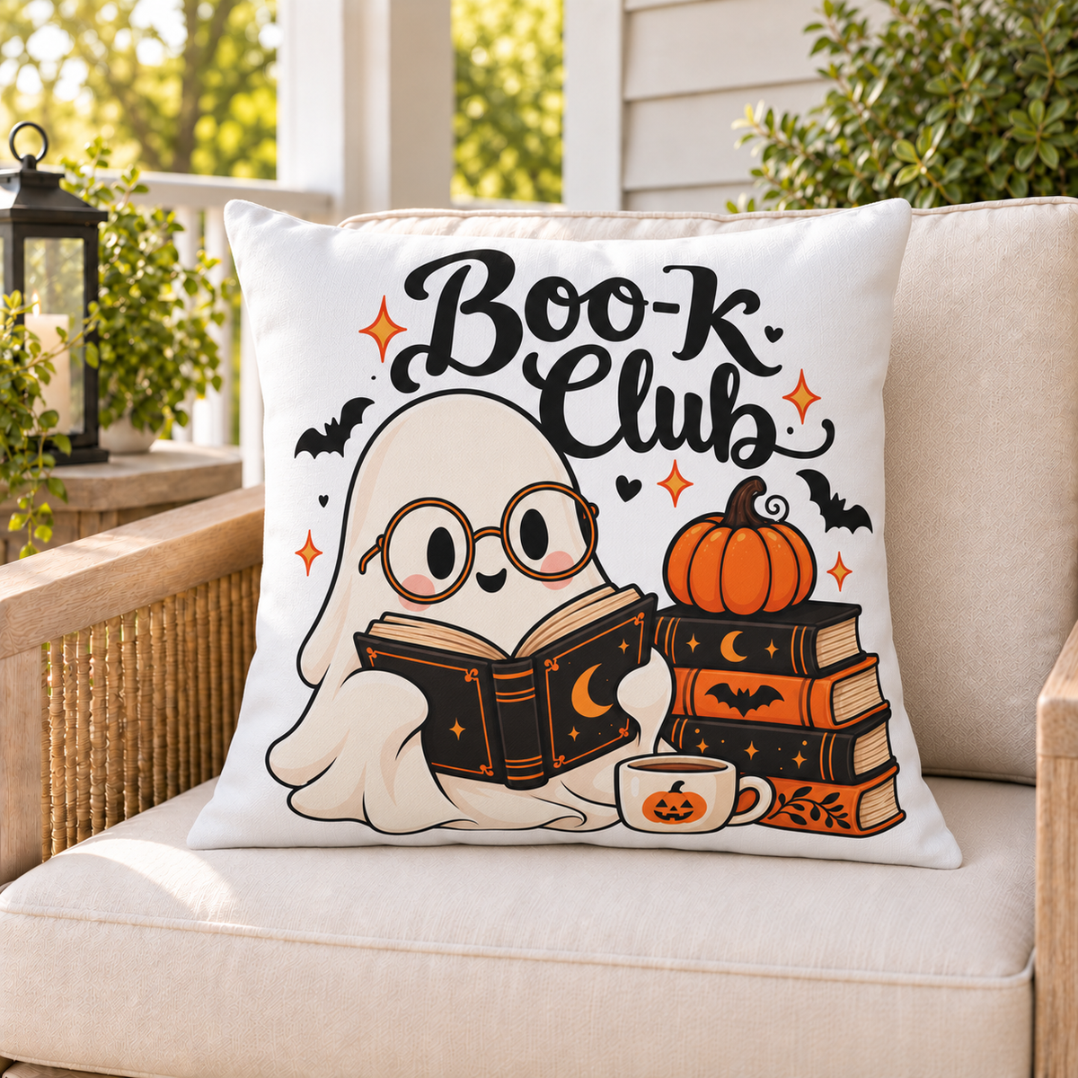 Boo-k Club ghost Halloween outdoor pillow styled on patio furniture