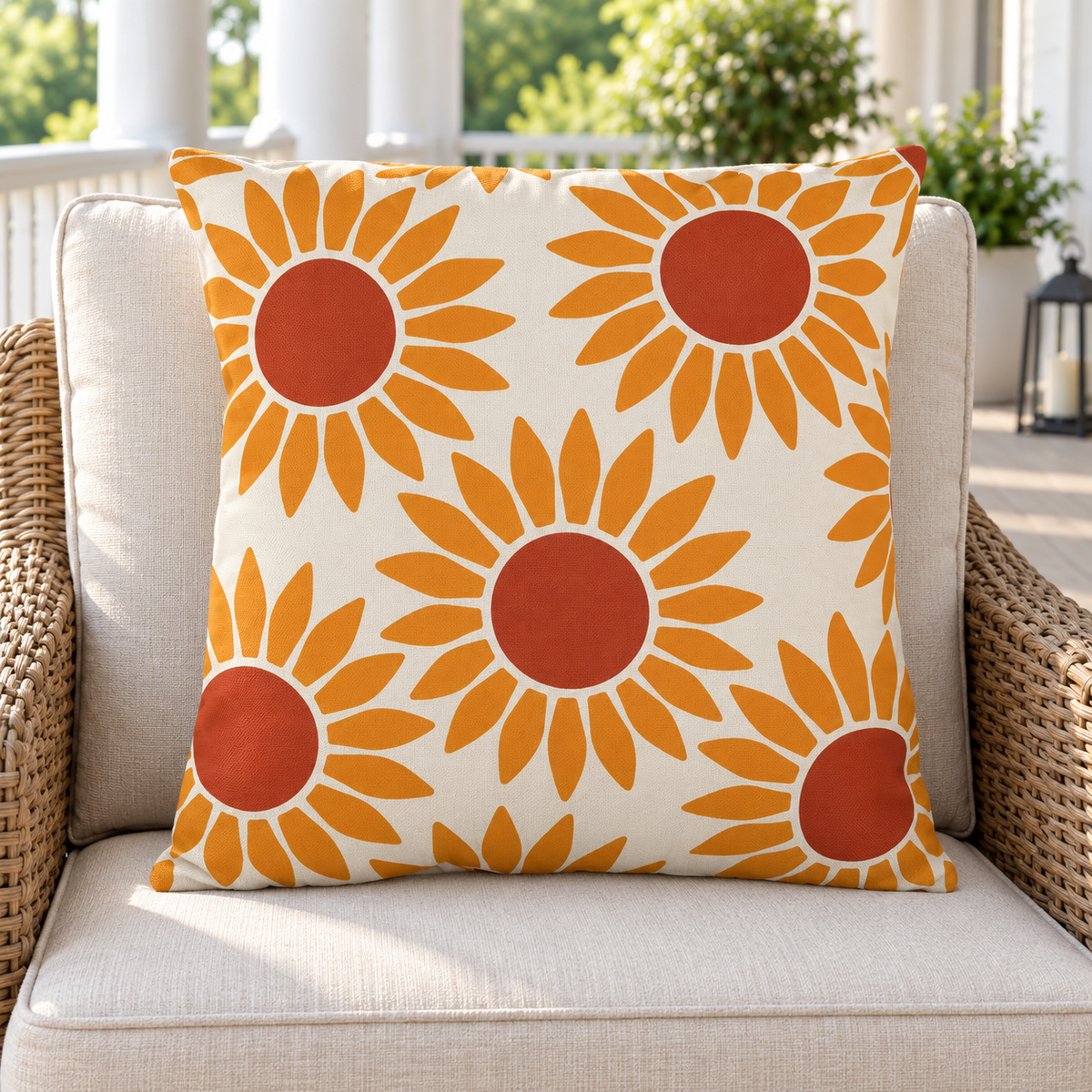 Orange retro sunflower outdoor pillow styled on patio furniture