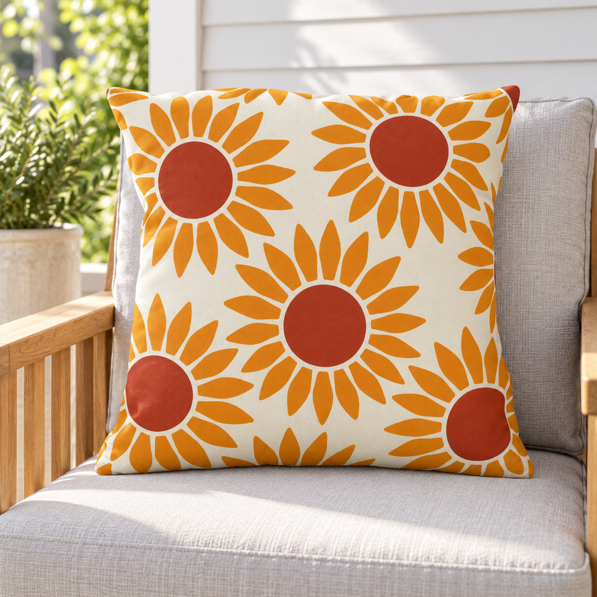 Orange retro sunflower outdoor pillow styled with matching pillows on a porch