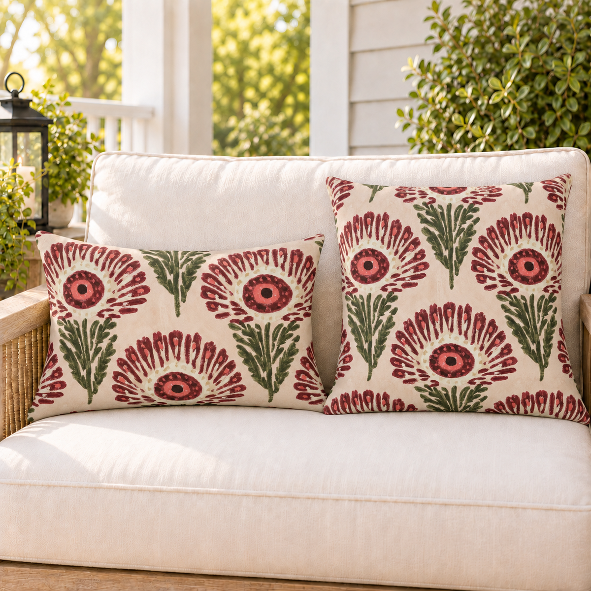Wine red block print flower outdoor pillow and outdoor lumbar pillow styled together as a set