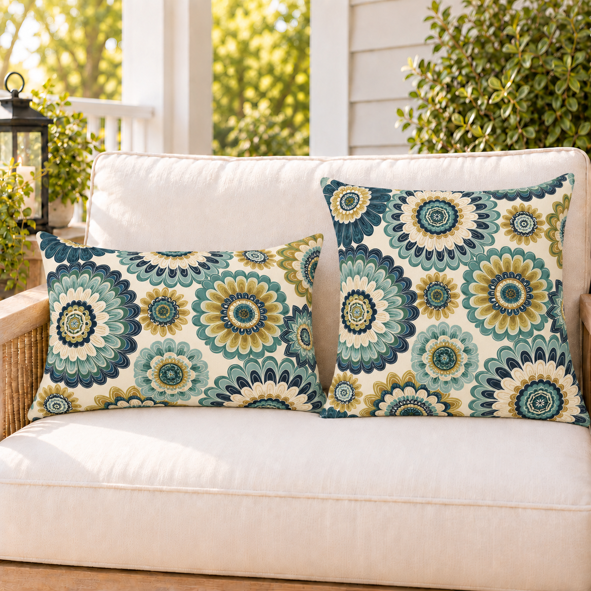 Floral outdoor pillows grouped on a sunny porch