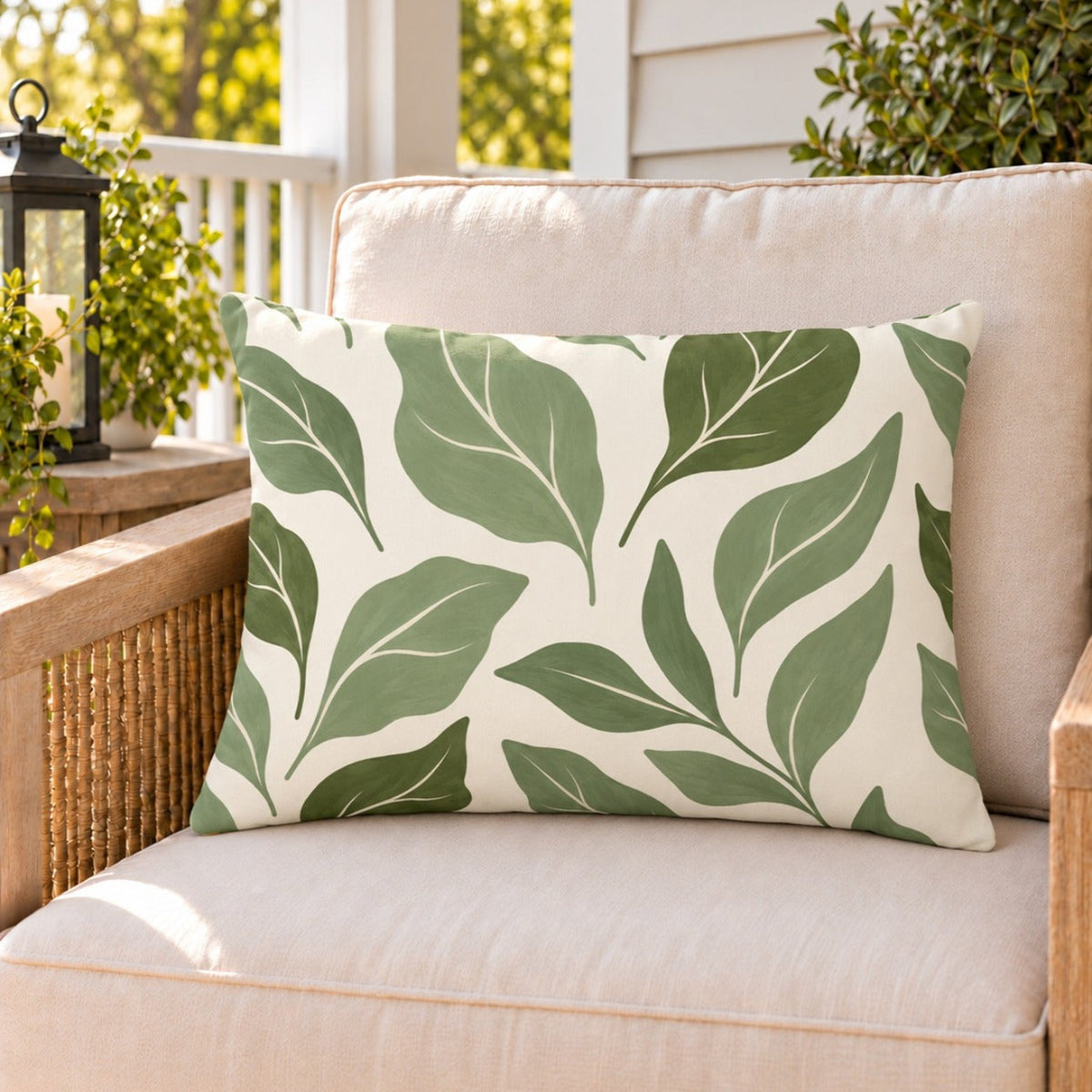 Sage green abstract leaf outdoor lumbar pillow on a rattan chair on a sunny summer porch