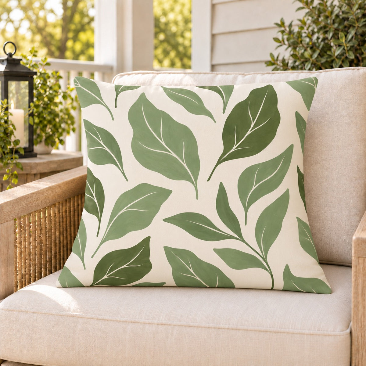Sage green abstract leaf outdoor pillow on a rattan chair on a sunny summer porch