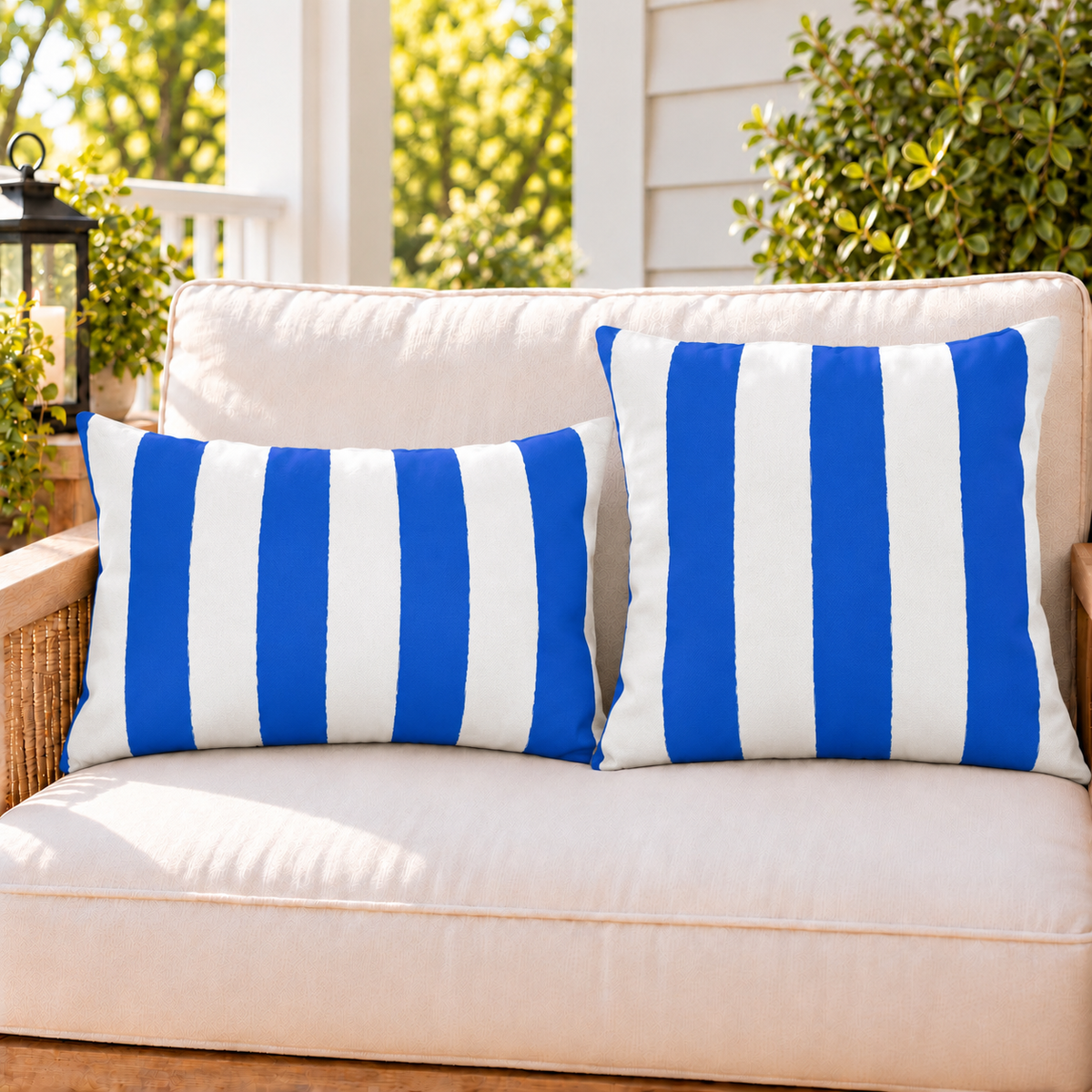 Blue and white awning stripe outdoor pillow and outdoor lumbar pillow styled together as a set on a porch loveseat