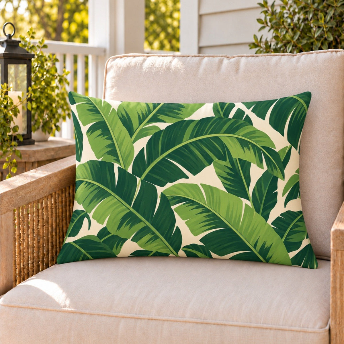 Tropical banana leaf outdoor lumbar pillow on a rattan chair on a sunny summer porch