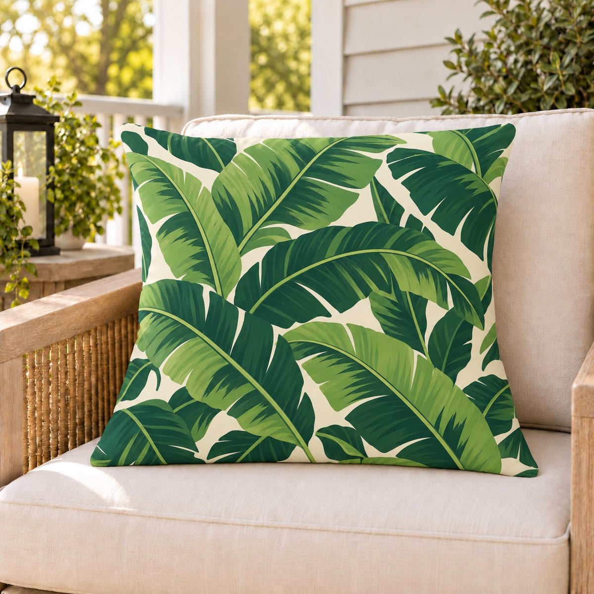 Tropical banana leaf outdoor pillow on a rattan chair on a sunny summer porch