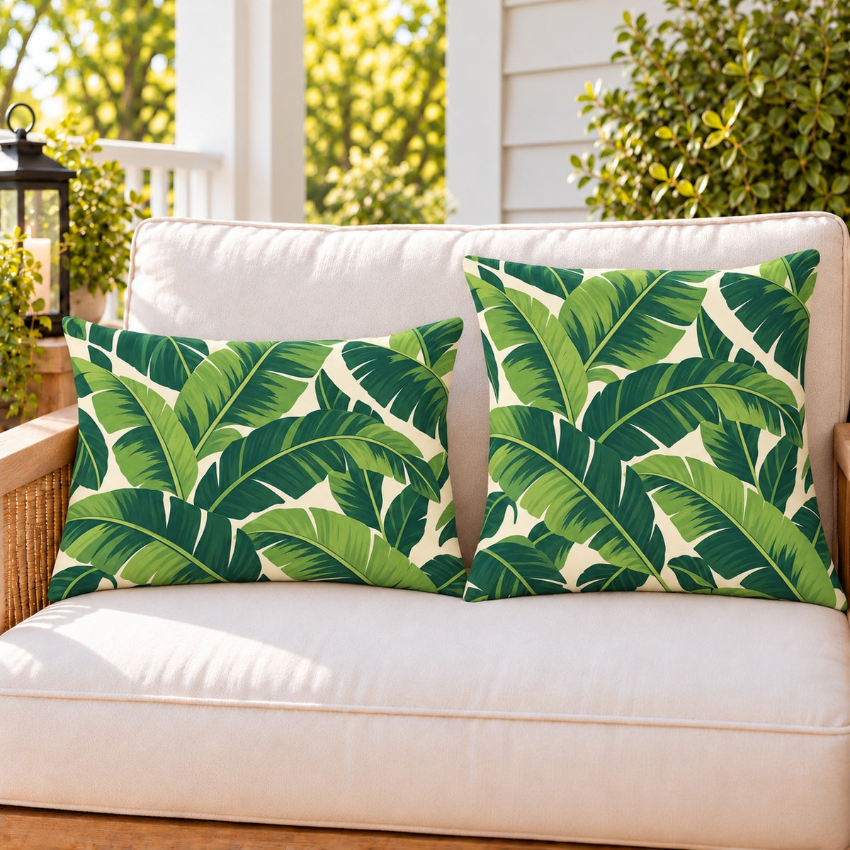 Tropical banana leaf outdoor pillow and outdoor lumbar pillow styled together as a set on a porch loveseat