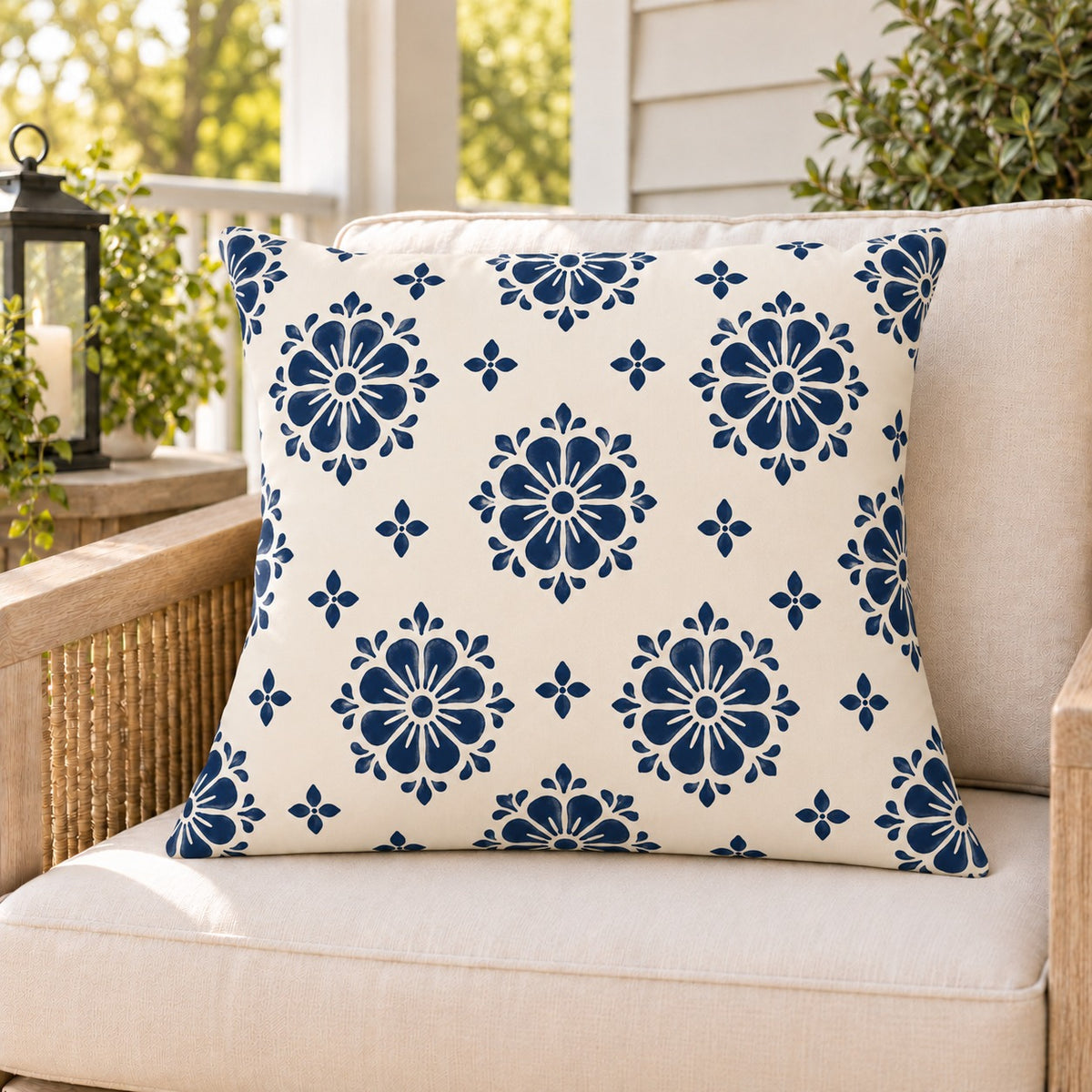 Navy block print medallion outdoor pillow on a rattan chair on a sunny summer porch