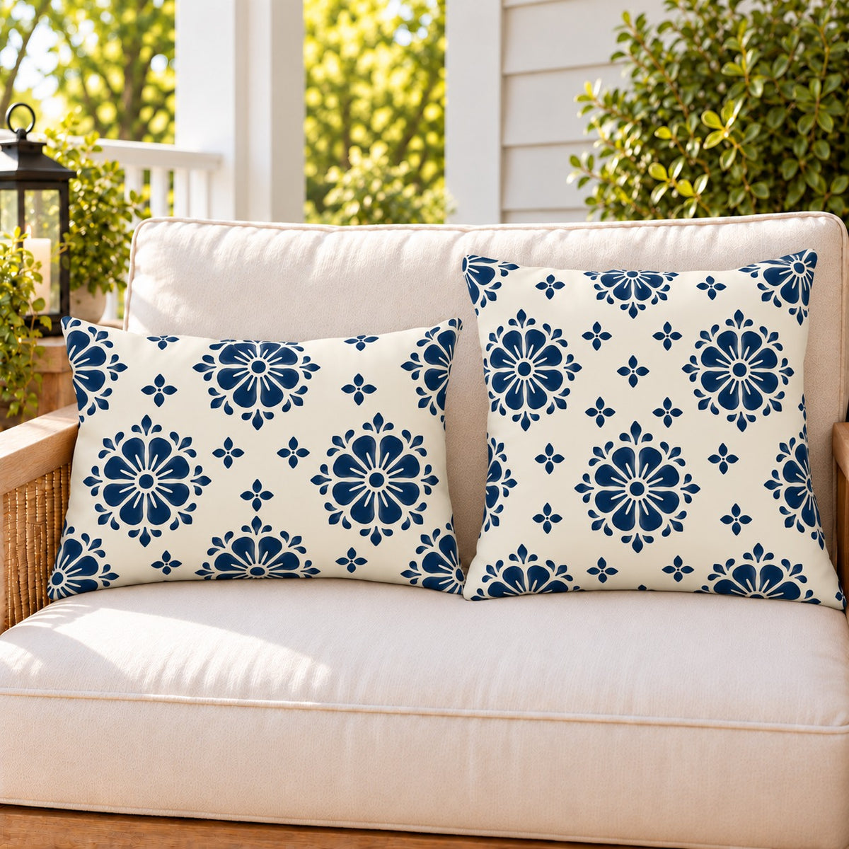 Navy block print medallion outdoor pillow and outdoor lumbar pillow styled together as a set on a porch loveseat