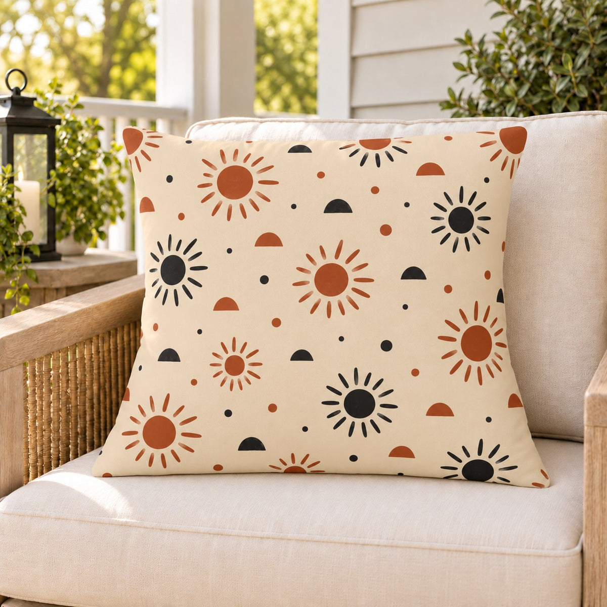 Boho sunburst outdoor pillow on a rattan chair on a sunny summer porch
