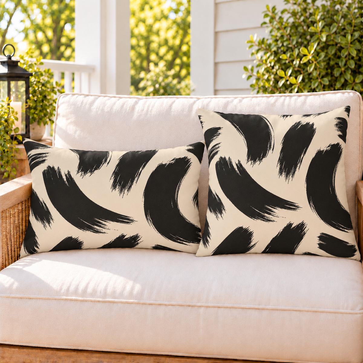 Black and cream brush stroke outdoor pillow and outdoor lumbar pillow styled together as a set on a porch loveseat