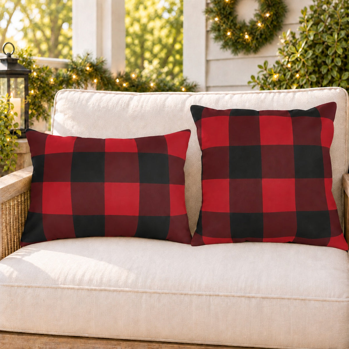 Red buffalo check outdoor pillow and outdoor lumbar pillow styled together as a set on a porch loveseat for Christmas