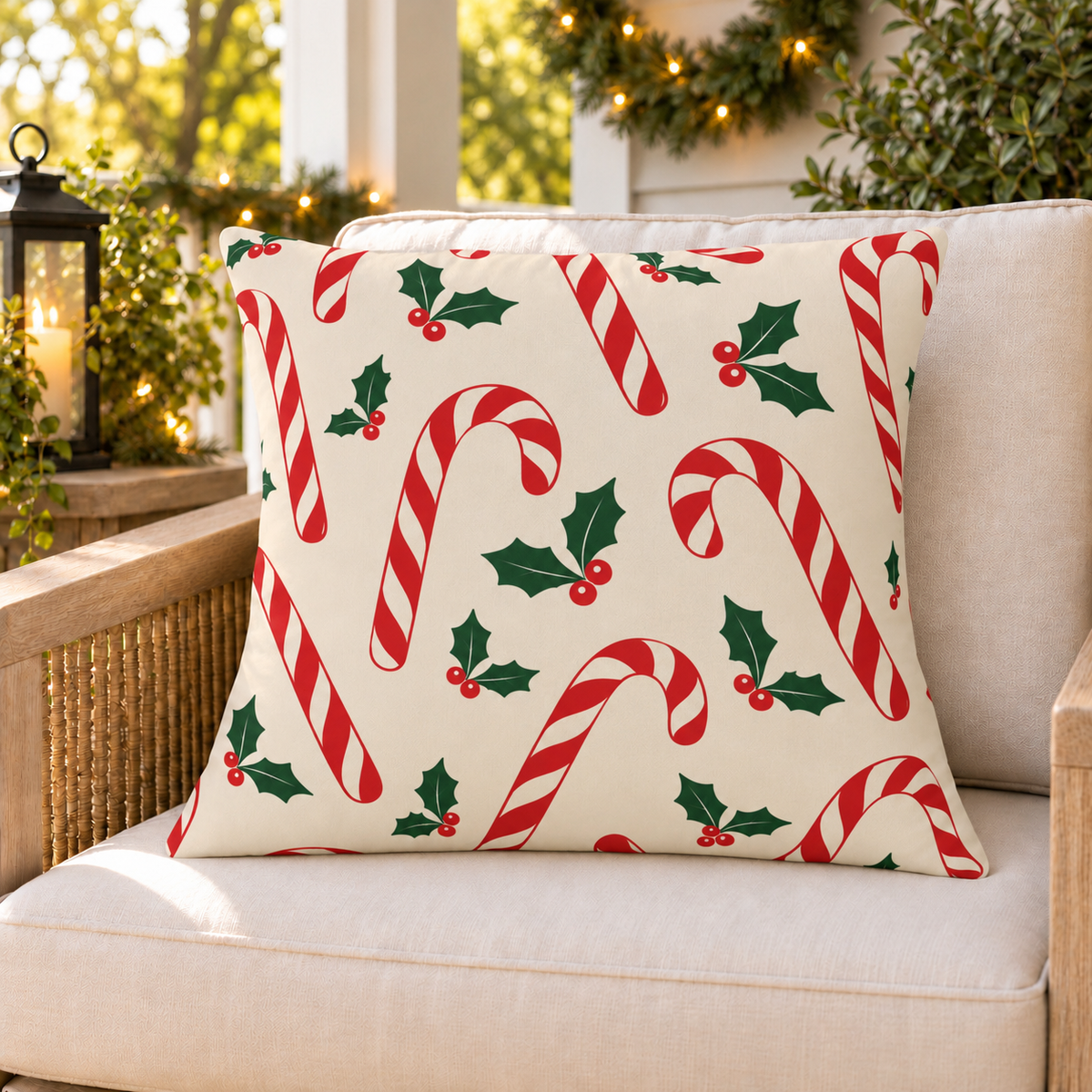 Red candy cane Christmas outdoor pillow on a rattan chair on a cozy holiday porch decorated with greenery and lights