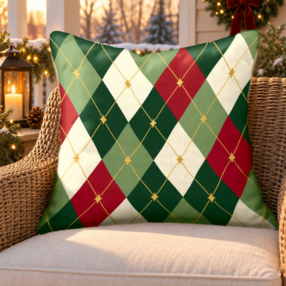 Green and red argyle outdoor pillow on a rattan chair on a snowy Christmas porch