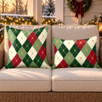 Green and red argyle outdoor pillow and outdoor lumbar pillow styled together as a set on a wicker loveseat for Christmas