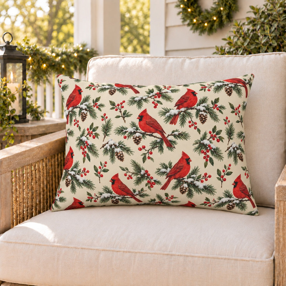 Cream Christmas cardinal outdoor lumbar pillow on a rattan porch chair with Christmas garland and warm lights