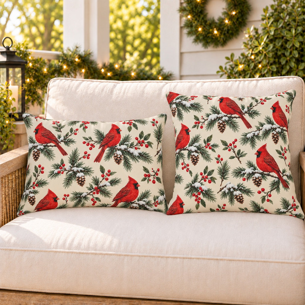 Cream Christmas cardinal outdoor pillow and outdoor lumbar pillow styled together as a set on a porch loveseat for Christmas
