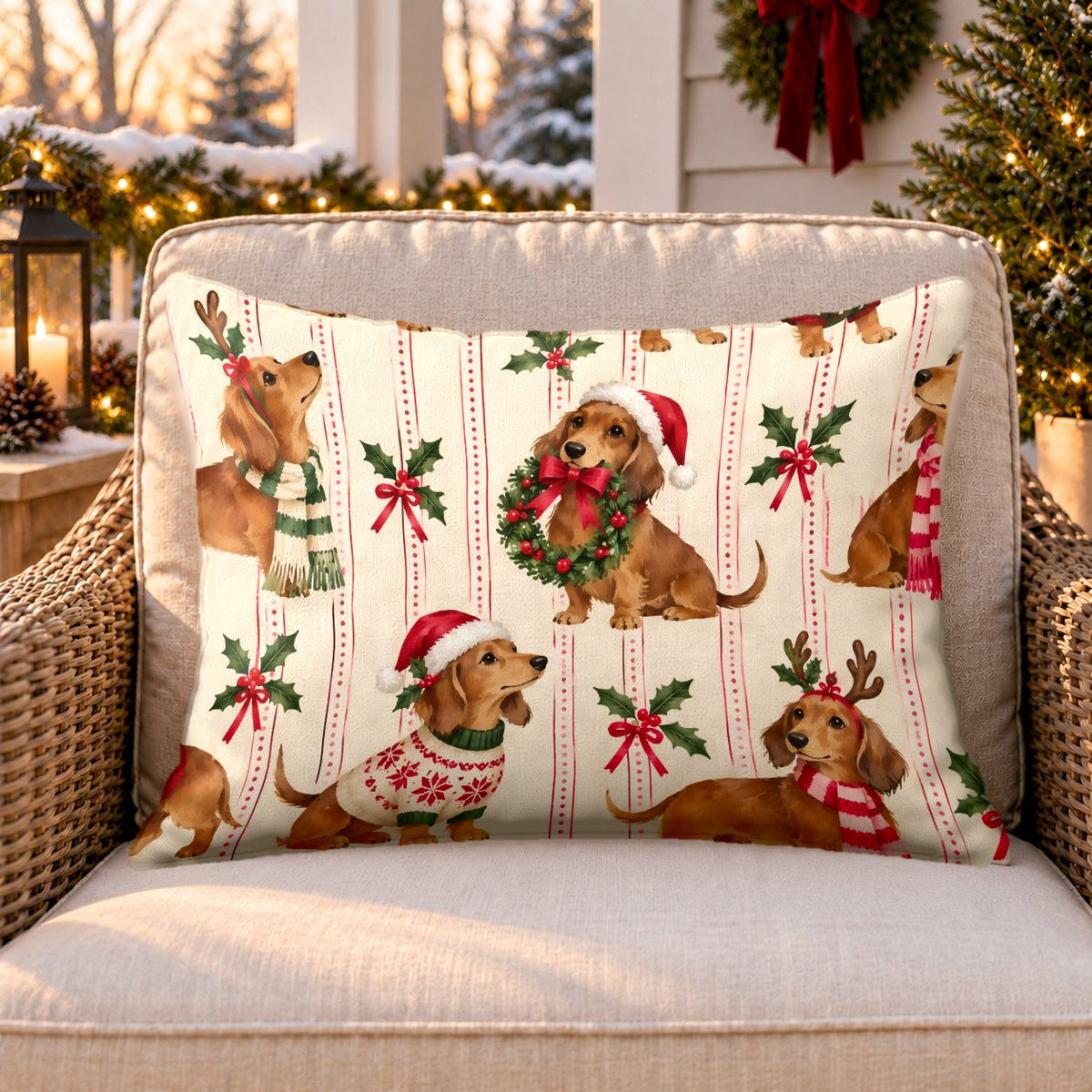 Christmas dachshund outdoor lumbar pillow on a rattan chair on a snowy Christmas porch
