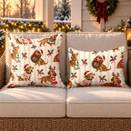 Christmas dachshund outdoor pillow and outdoor lumbar pillow styled together as a set on a wicker loveseat for Christmas