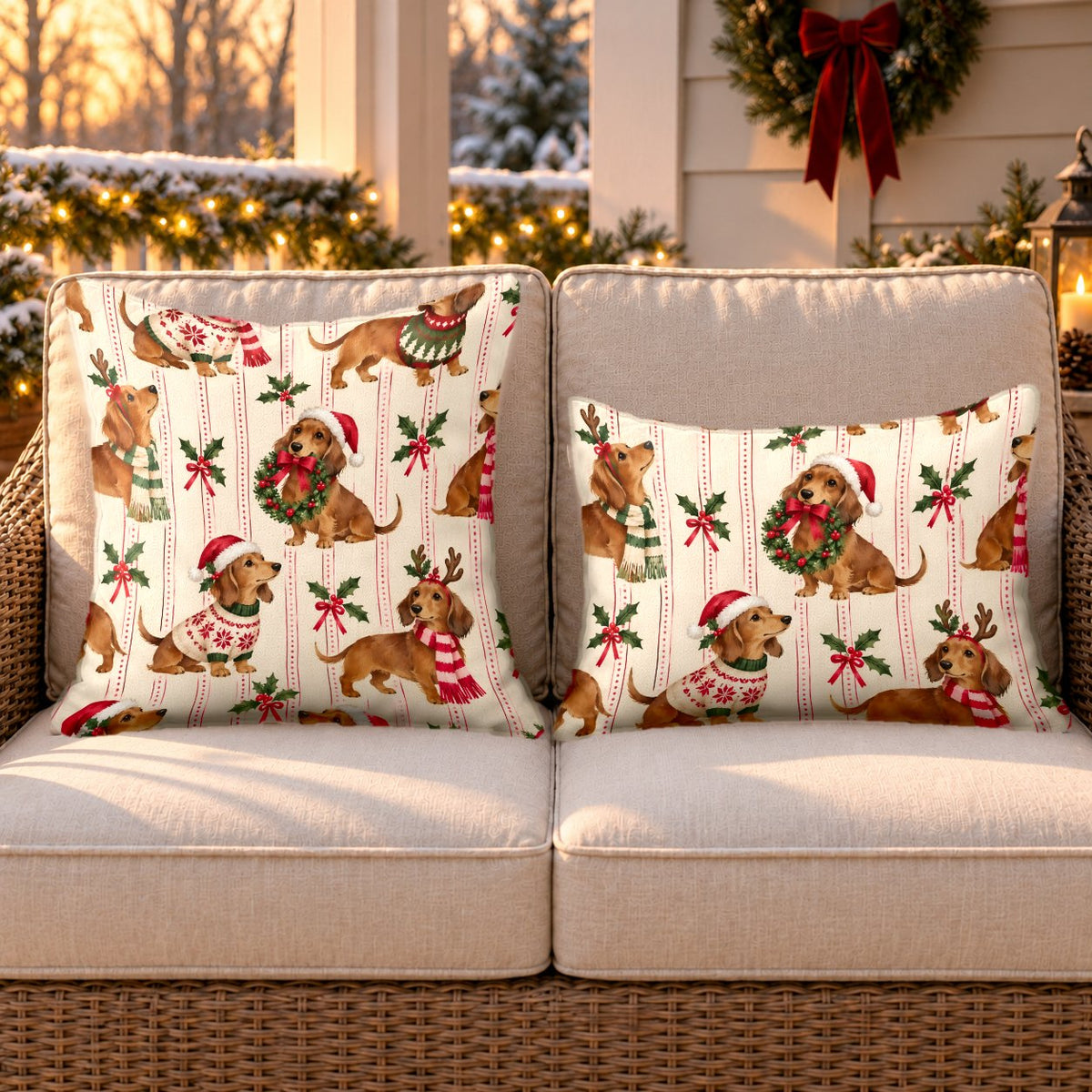 Christmas dachshund outdoor pillow and outdoor lumbar pillow styled together as a set on a wicker loveseat for Christmas