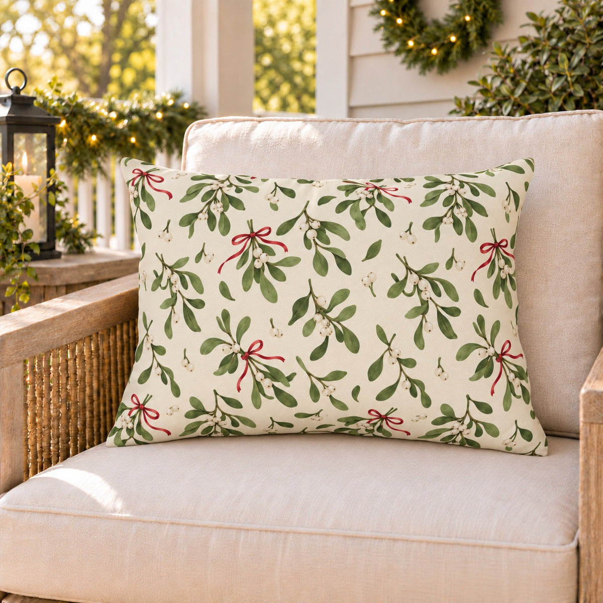 Green Christmas mistletoe outdoor lumbar pillow on a rattan porch chair with Christmas garland and warm lights