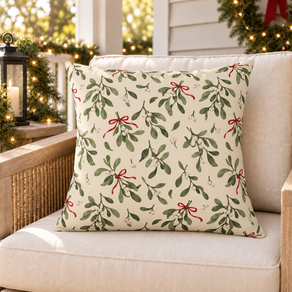 Green Christmas mistletoe outdoor pillow on a rattan porch chair with Christmas garland and warm lights
