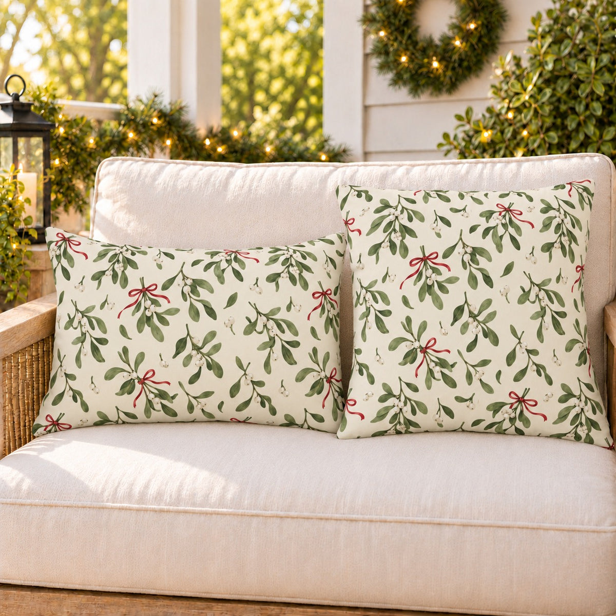 Green Christmas mistletoe outdoor pillow and outdoor lumbar pillow styled together as a set on a porch loveseat for Christmas