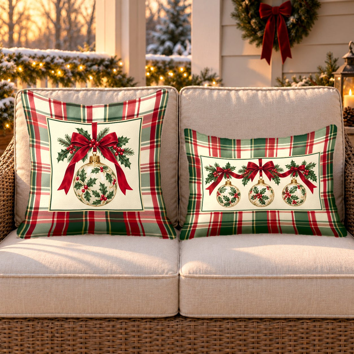 Green plaid ornament outdoor pillow and outdoor lumbar pillow styled together as a set on a wicker loveseat for Christmas