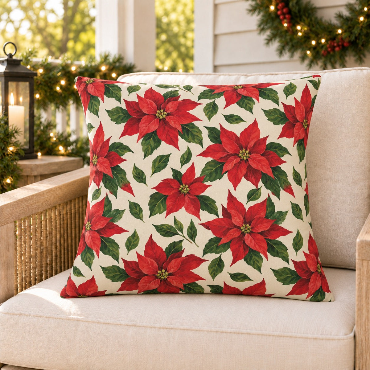 Red Christmas poinsettia outdoor pillow on a rattan porch chair with Christmas garland and warm lights