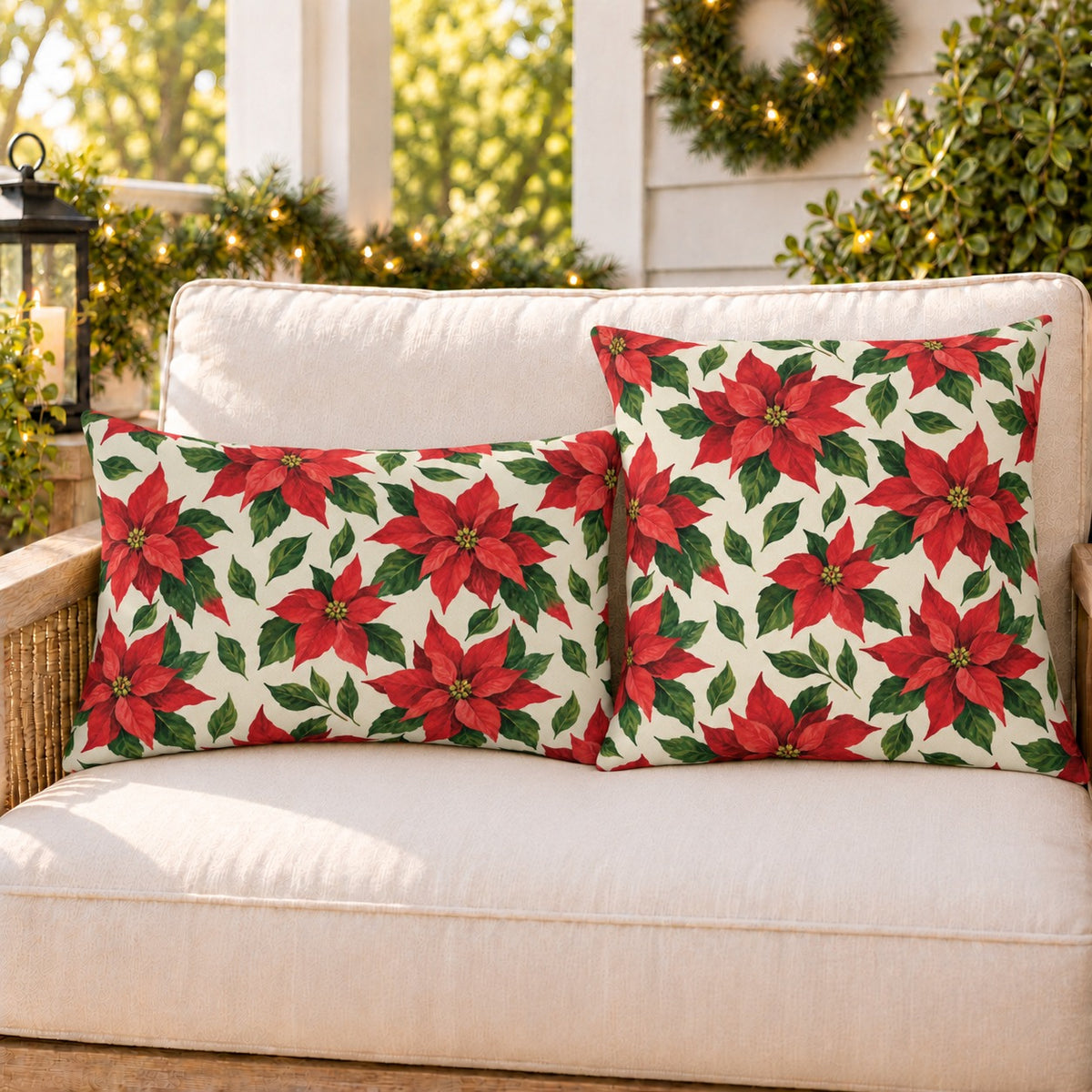 Red Christmas poinsettia outdoor pillow and outdoor lumbar pillow styled together as a set on a porch loveseat for Christmas