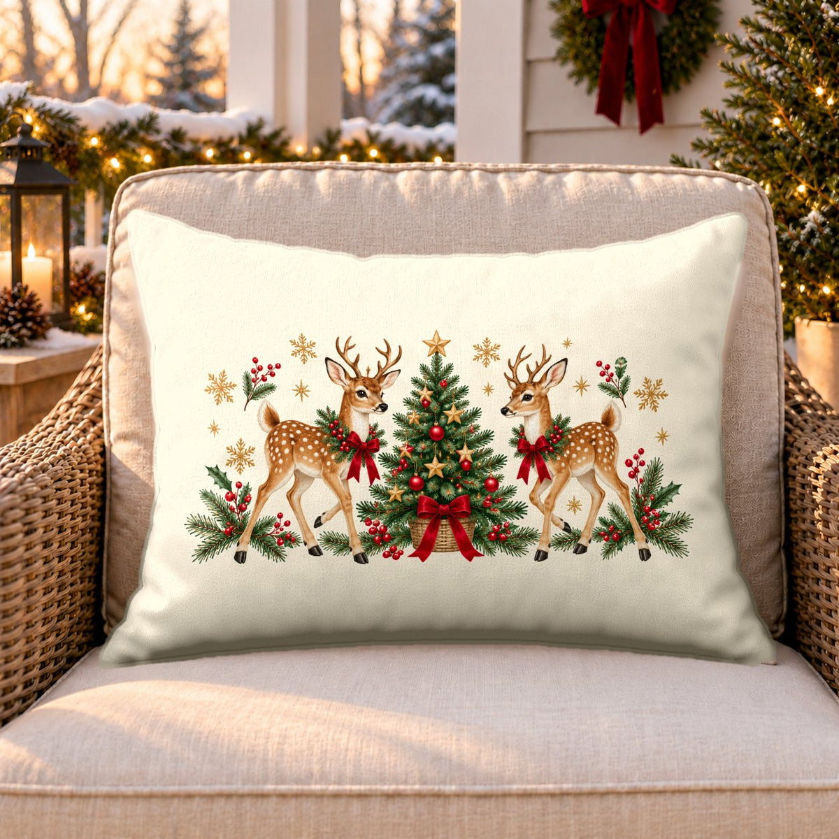 Cream Christmas reindeer outdoor lumbar pillow on a rattan chair on a snowy Christmas porch