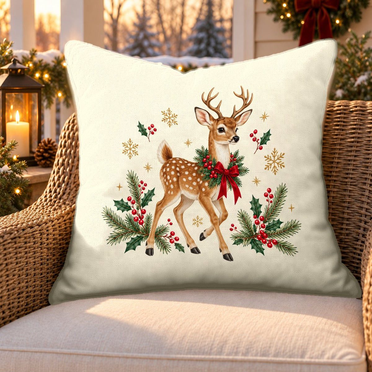 Cream Christmas reindeer outdoor pillow on a rattan chair on a snowy Christmas porch